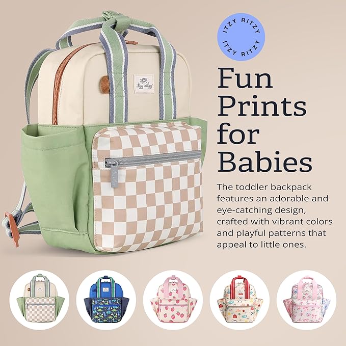 Itzy Ritzy Toddler Backpack - Daycare Bag - Features Adjustable Shoulder Straps, 2 Side Pockets & Spacious Interior with Wipeable Fabric Lining & Name Label, Checkerboard Backpack