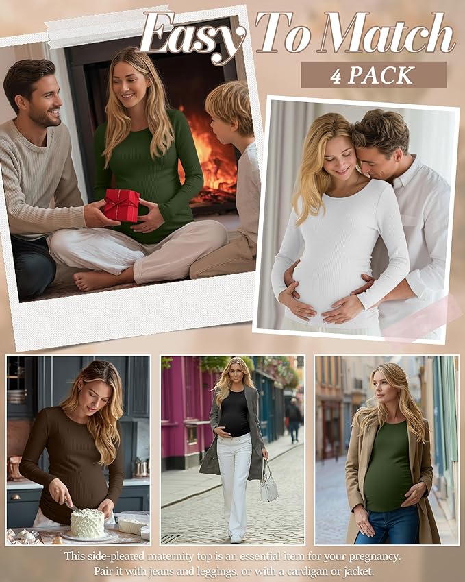 Huukeay 4 Pack Women's Maternity Shirts, Long Sleeve Cotton Ribbed Pregnancy Tops Side Ruched Crew Neck Casual Mama Clothes