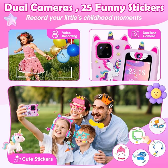 Kids Phone for Girl Toys, Christmas Birthday Gift for Girls Age 3-10, Toddler Learning Toys Phones, 2.8" Touchscreen Kids Smart Phone with Dual Camera, Game, MP3 Player, 32GB Card & Unicorn Bag Pink