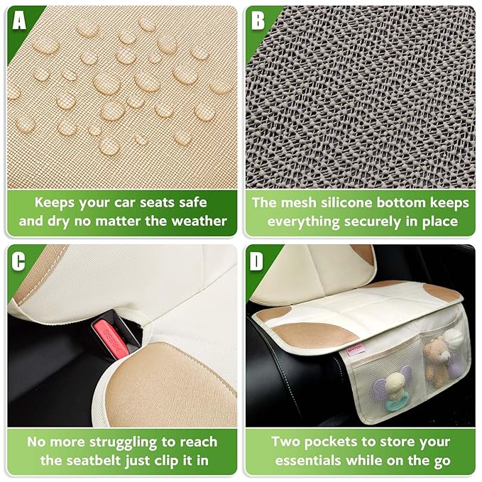 Siivton Car Seat Protector for Kids, Anti-Slip Design, Thick Padding, Prevents Seat Marks, 2 Storage Pockets for Toys & Snacks, Fits Most Cars, Black (Beige, 1 Pack)