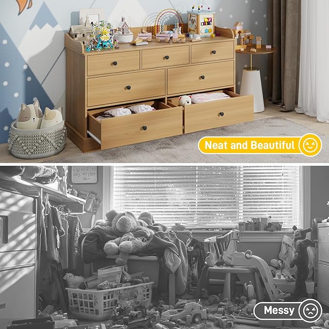 Vabches Kids Dresser Cabinet with 7 Drawers, Changing Table for Nursery, White Chest of Drawers, Baby Dresser, Kids Bedroom Furniture, Nightstand for Child’s Room,Oak