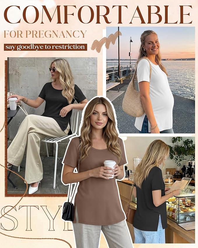 3 Pack Women's Maternity Shirts Short Sleeve Round Neck Side Split Pregnancy Tops Loose Summer Casual Mama Clothes