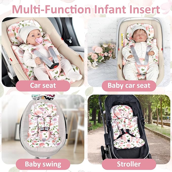 Infant Car Seat Insert with Removable Cushion for Baby Girls, Reversible Newborn Carseat Insert for Baby Head Body Support, Fits for Stroller, Baby Swing, Bouncer (Pink Bow)