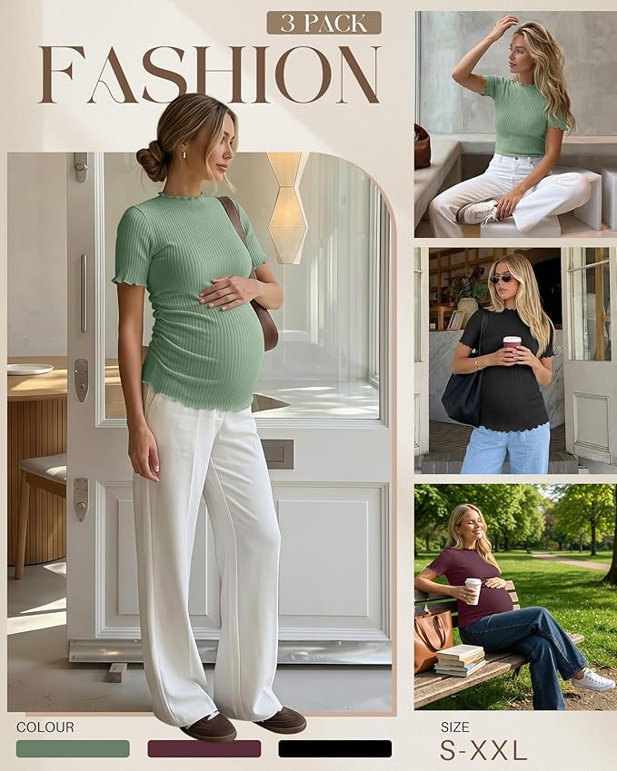 3 Pack Women's Maternity Tops Short Sleeve Ribbed Knit Maternity Shirts Crew Neck Side Ruched Pregnancy Clothes
