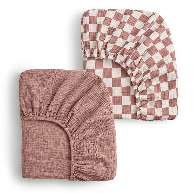 Blissful Diary Muslin Bassinet Sheets for Baby Girls Boys, Boho Soft Cotton Fitted for Oval Hourglass Rectangle Mattress, 2 Pack(Dusty Pink Checkboard & Dusty Pink)