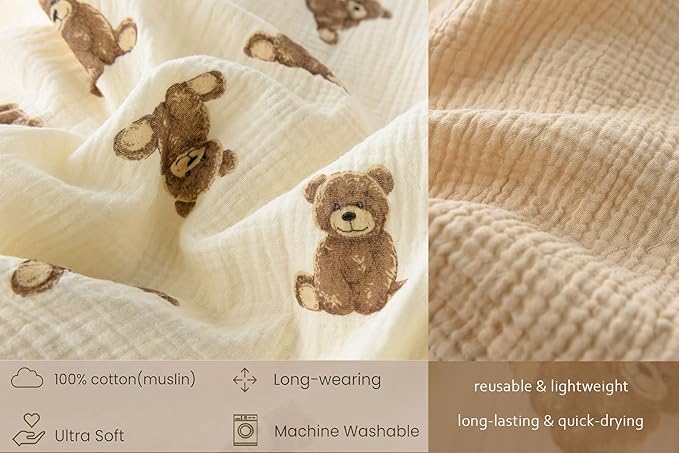 Little Jump Hooded Baby Towels for Newborn - 2 Pack 100% Cotton Muslin Baby Bath Towel, Soft and Absorbent for Boys Girls Infant, Large 32x32 Inches (Teddy Bears & Khaki)