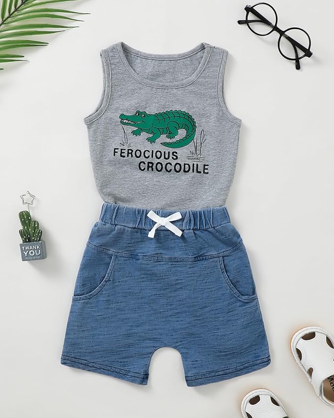 Jecson Baby Boy Summer Clothes Toddler Boy Outfits Letter Print Short Sleeve T-Shirt Denim Shorts Clothing Set 6M-4T