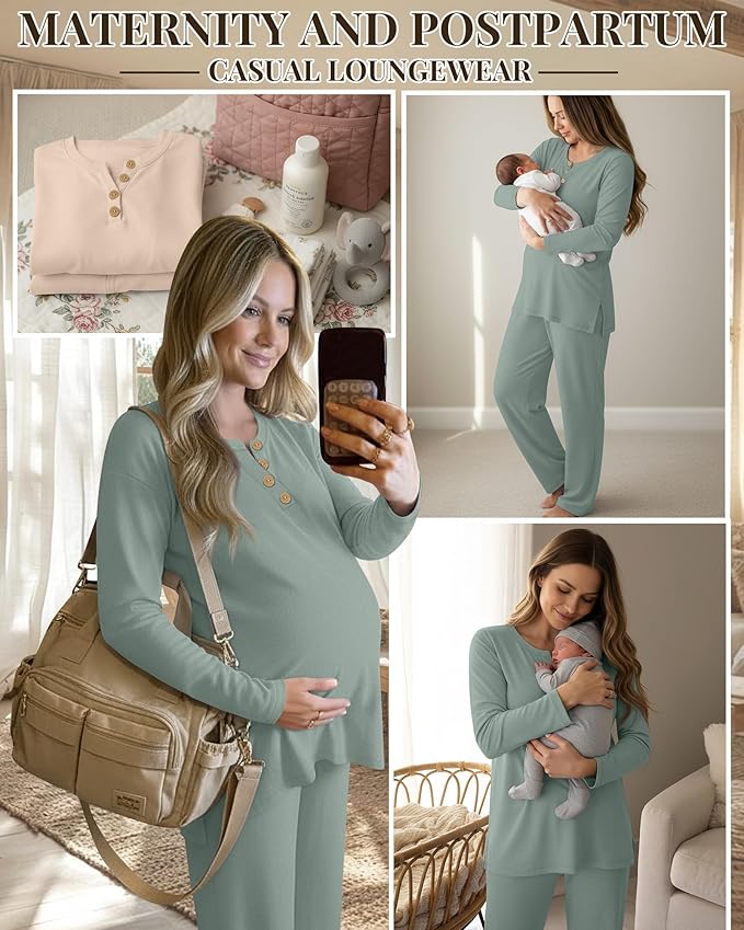 2 Piece Thermal Maternity Lounge Set Postpartum Pregnancy Fleece Loungewear Long Sleeve Top and Wide Leg Pant