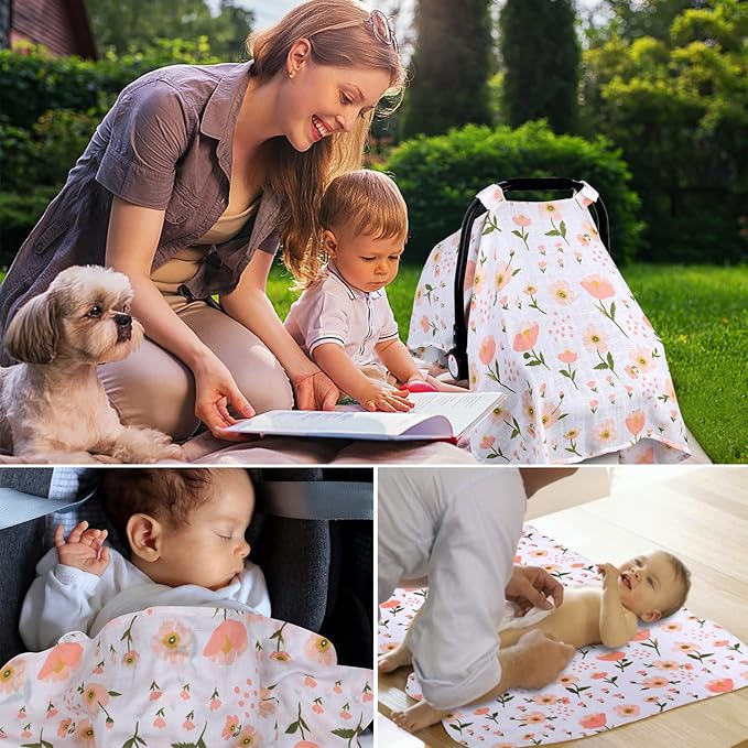 Muslin Car Seat Cover for Babies, Metplus Breathable Infant Carseat Cover Lightweight Baby Carrier Cover for Girls Boys, Fit Spring Summer/Hot Days/Warm Weather, Pink Floral
