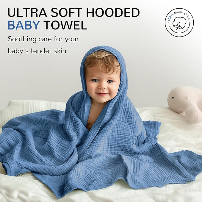 Muslin Hooded Towels, 3 Pack Cotton Bath Towels With Hood for Newborn, Infant, Toddler - Soft and Absorbent Baby Shower Essential (35 X 35'') (Green + Grey + Dark Blue)