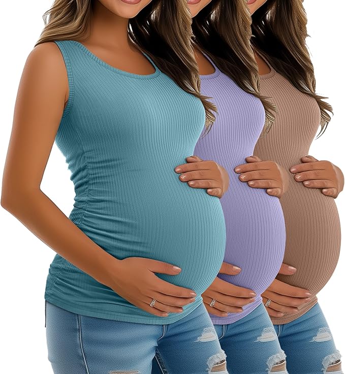 Riyiper 3 Pack Women's Maternity Tank Tops, Sleeveless Cotton Pregnancy Shirts Ribbed Knit Sides Ruched Basic Mama Clothes