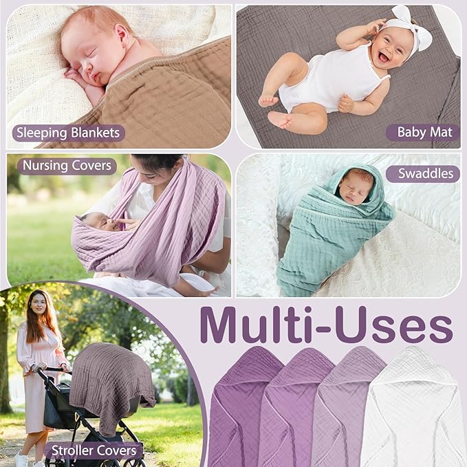 Peryiter 4 Pcs Muslin Hooded Baby Towels 32x32inch Cotton Newborn Bath Essentials Muslin Infant Blankets Absorbent Registry Baby Shower Present for Babies Girl Boy Kids (Purple Series)