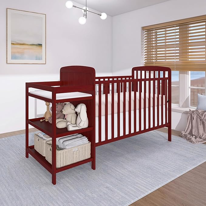 Dream On Me Anna 3-in-1 Convertible Full-Size Baby Crib & Changer with Storage in Cherry, GreenGuard Gold & JPMA, Pinewood, Converts to Day & Toddler Bed, 3 Mattress Heights, 1″ Changing Pad