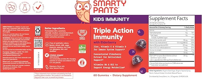 SmartyPants Kids Immunity Elderberry Gummies: Kids Immune Support Supplement, Vitamin C, Vitamin D, Vitamins B6 & B12 and Zinc, Gluten Free, Elderberry Flavor, 60 Count (30 Day Supply) (Pack of 2)