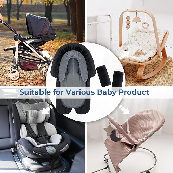 COOLBEBE New Babybody Support & Strap Covers Set for Newborn Infant Toddler- Extra Soft Stroller Cushion Pads Car Seat Insert, Perfect for Carseats, Strollers, Swings, Black