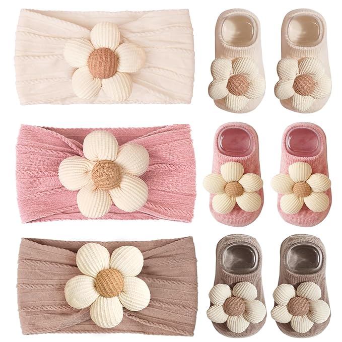 JOYOYO Baby Flower Headband and Socks, Cute Baby Girl Headbands and Soft Socks Sets for Toddler Newborn Infant Girl (Beige Pink Khaki)
