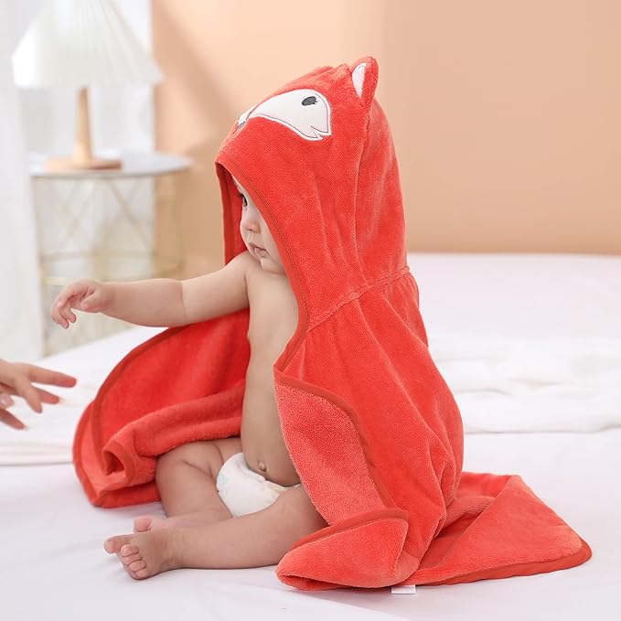 Baby Hooded Towel with Unique Animal Design Ultra Soft Thick Cotton Bath Towel for Newborn (Fox)