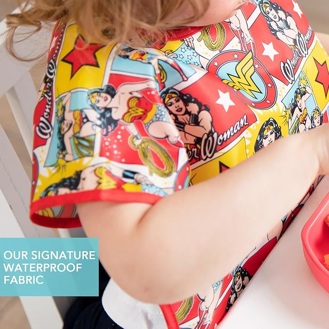 Bumkins Short Sleeve Bib for Girl or Boy, Toddler and Kids for 1-3 Years, Large Size, Essential Must Have for Junior Children, Eating, Mess Saving Soft Fabric Apron for Play, Wonder Woman DC Comics