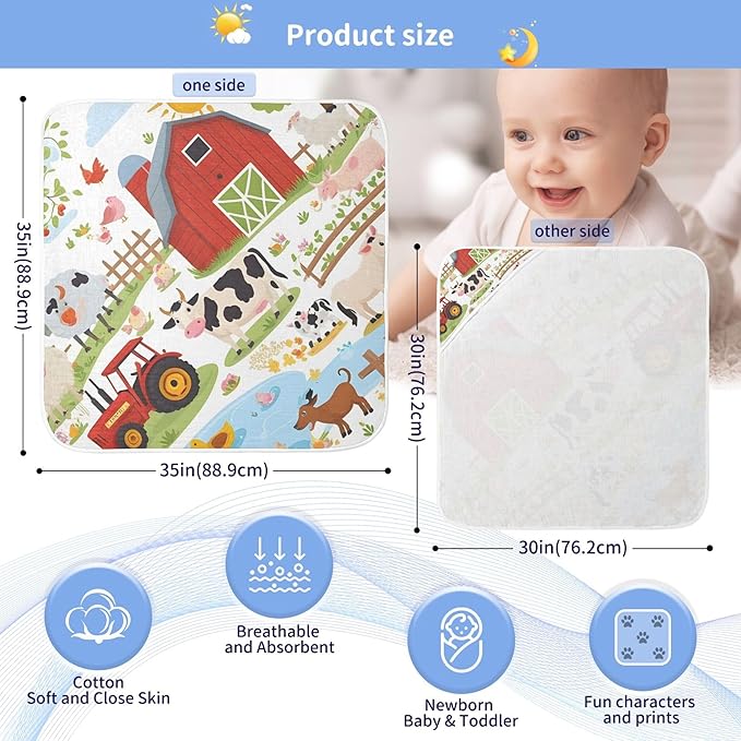 Burbuja Farm Animals Baby Bath Towel - Soft Absorbent Muslin Cotton Hooded Towel for Newborn Infant Toddler, 30x30 in
