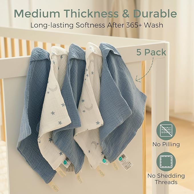 Momcozy Baby Washcloths - 4 Layer Design| Medium Thickness| Soft & Absorbent| Premium Cotton for Newborns' Skin-Great for Bathing, Wiping & on-the-go Use, Shower Gift and Essential(5 Pack, 10x10 inch)