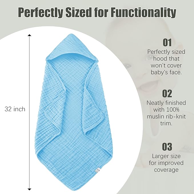 2 Pack Hooded Baby Towels - 100% Muslin Cotton for Newborns, Infants, Toddlers, and Kids - Large 32x32Inch Size - Highly Absorbent and Essential for Newborn Care, White and Aqua