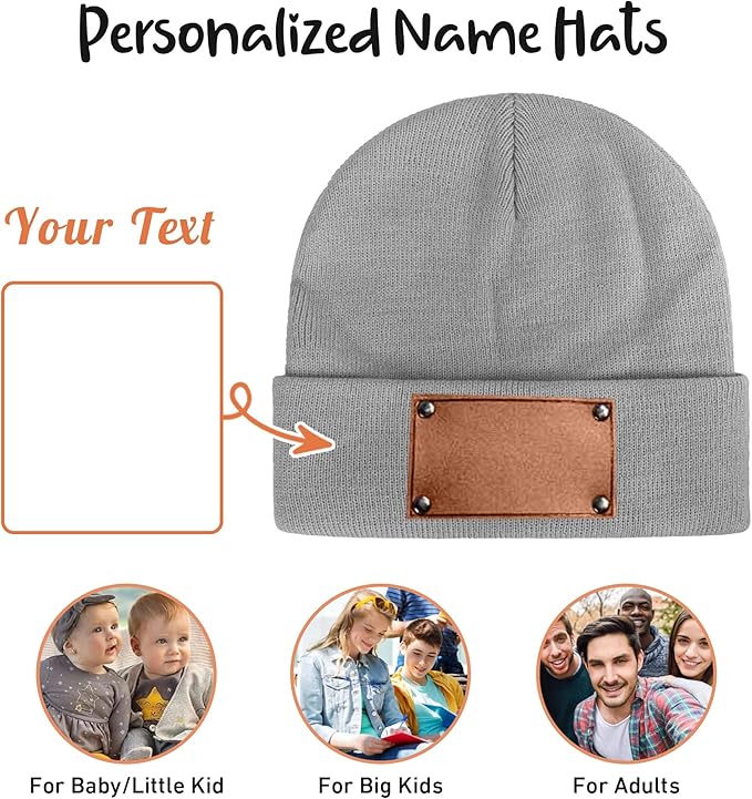 Personalized Name Baby Beanie Hat Leather Patch - Apricot Beanies Knit Hat Birthday Gifts for Kids Toddler to Adults