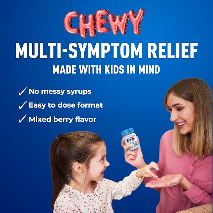 Mucinex Children's Mighty Chews Cold and Flu Medicine, Easy to Dose Children's Acetaminophen & Dextromethorphan, Kids Cough Medicine, Ages 6+, Mixed Berry Flavor, 16 Medicated Chewable Tablets
