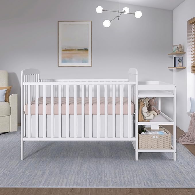 Dream On Me Anna 3-in-1 Convertible Full-Size Baby Crib & Changer with Storage in White, GreenGuard Gold & JPMA, Pinewood, Converts to Day & Toddler Bed, 3 Mattress Heights, 1″ Changing Pad