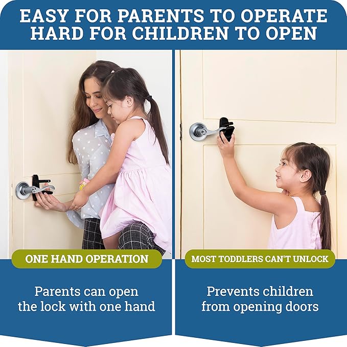 Door Lever Lock (2 Pack) Prevents Toddlers from Opening Doors. 3.25" L * 1.5" W * 4.5" H Easy One Hand Operation for Adults. Durable ABS with 3M Adhesive Backing. Simple Install, Black