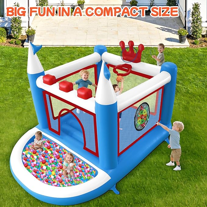 Kids Bounce House with Ball Pit, Basketball Hoop, Target Game and Ring Toss Game PVC Jumping Castle with Electric Air Pump 98”x 70”x 65” Trampoline for Ages 3-8 Indoor or Outdoor Play