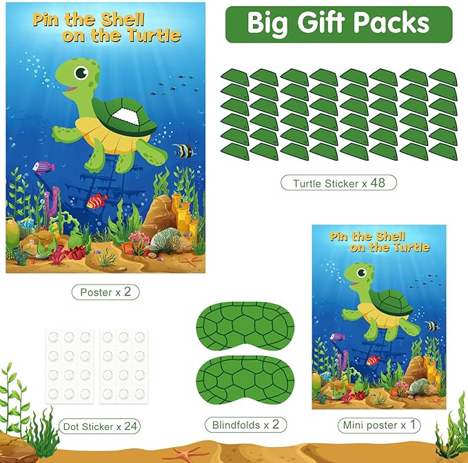 NEBURORA 2 Pack Pin The Shell on The Turtle Party Game 2 Large 21"x 28" Posters with 48pcs Stickers Ocean-Themed Birthday Party Supplies Decorations for Kids Boys Classroom Game Wall Home Decor