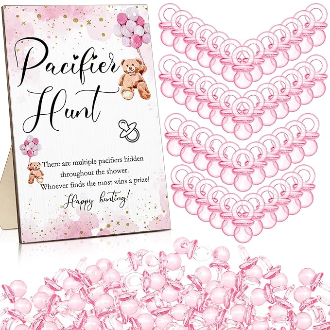 Roowest 51 Pcs Pacifier Hunt Baby Shower Game, Include Wooden Hunt Sign Bear Themed Baby Shower Sign Board with 50 Acrylic Pacifier Game for Gender Reveal Party(Pink)