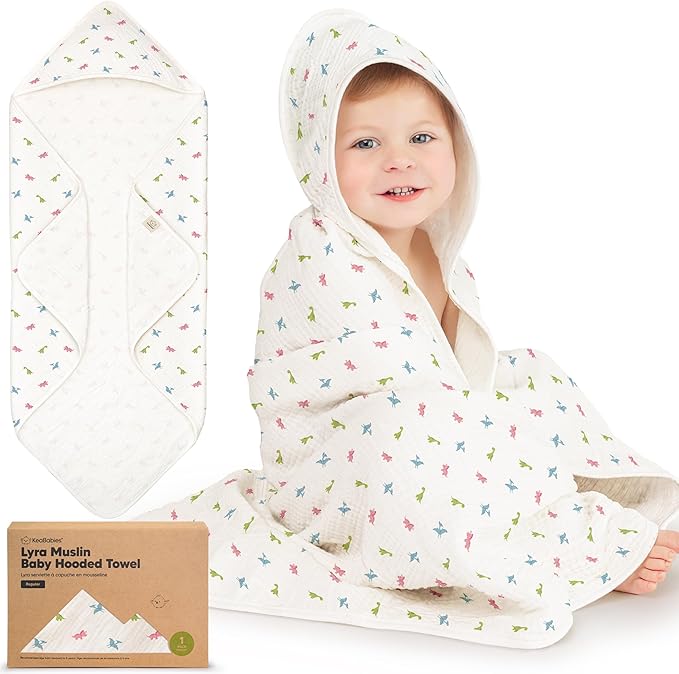 KeaBabies Muslin Baby Bath Towels with Hood for Girls,Boys-Large Organic Cotton Hooded Baby Towels for Newborns,Toddlers,Infant,Kids,Soft Absorbent Newborn Bath Essentials Gift Set(Roarsome, Regular)