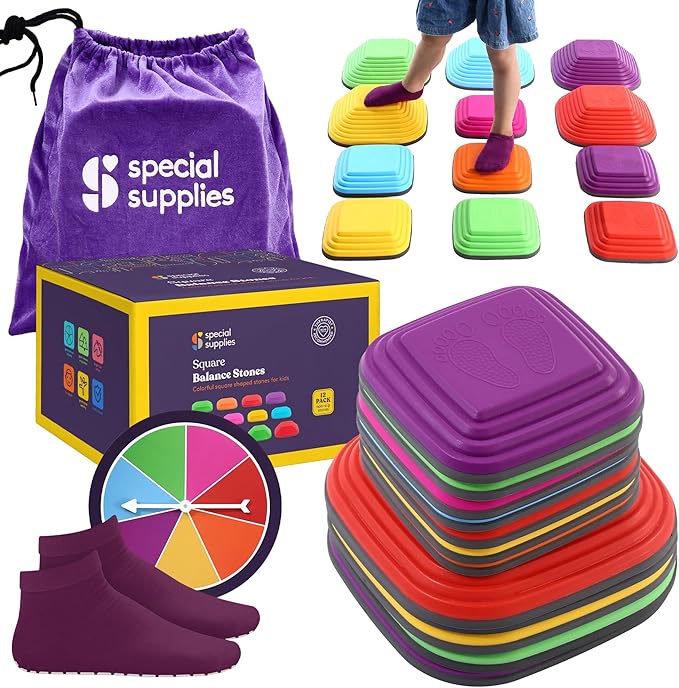 Special Supplies Stepping Stones for Kids Indoor and Outdoor Balance Blocks Promote Coordination, Balance, Strength Child Safe Rubber, Non-Slip Edging (Multi-Color, 12)