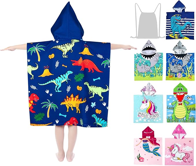 Hooded Kids Beach Towels - Toddler Bath Towel Girls Boys Swim Cover-ups for Ages 4 to 10 Kids Pool Towels Quick Dry Lightweight Soft Microfiber Poncho 30x30 with Bag (Dinosaur Blue)