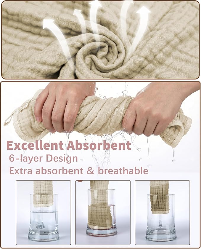 6Pcs Baby Muslin Hooded Bath Towels and Washcloths,32"x 32" Muslin Cotton Hooded Baby Towels for Newborn Shower
