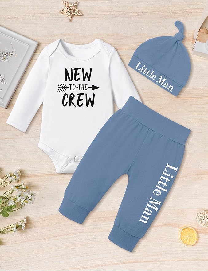 Fommy Newborn Baby Boy Clothes New to The Crew Letter Print Romper+ Pants+Hat 3PCS Outfit