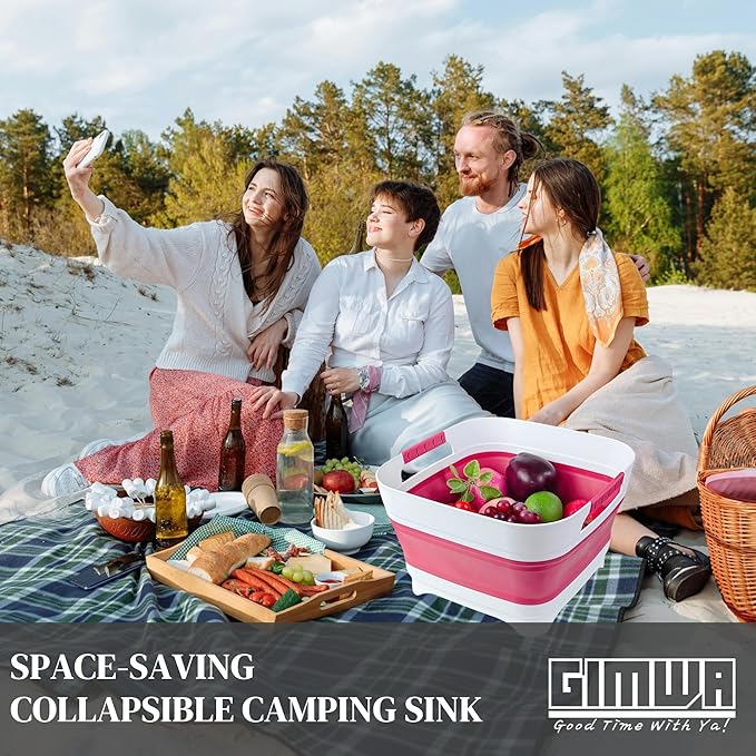 2.6 Gal(10L) Collapsible Camping Sink, Magenta Space-Saving Collapsible Dish Basin with Drain Plug for bottle washing, Collapsible Bucket for RV Essentials and Foot Soaking