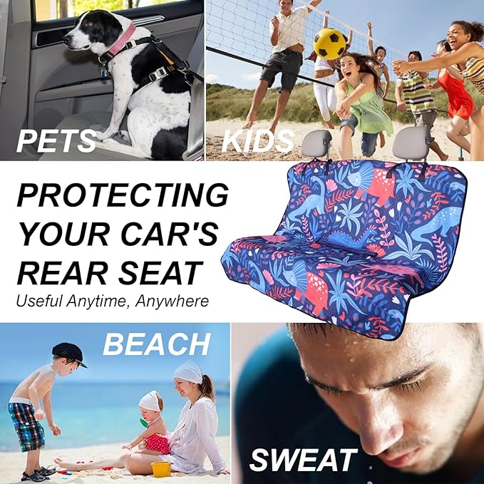 Back Seat Cover Protector for Dogs and Kids, Universal Waterproof Towel Rear Bench Seat Cover for Car, Truck, Van & SUV, Machine-Washable Backseat Car Covers (Dinosaur, 1pcs Rear Seat)