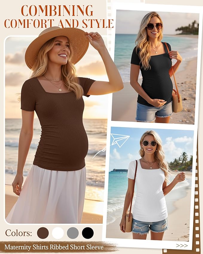 Huukeay 4 Pack Women's Maternity Shirts Cotton Ribbed Short Sleeve Square Neck Pregnancy Tops Side Ruched Summer Tee