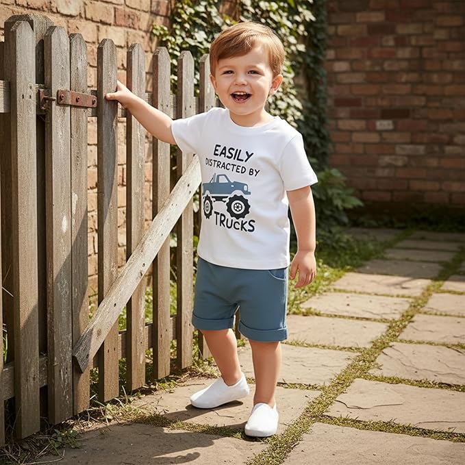 WZTYYDS Toddler Baby Boy Summer Clothes 2T 3T 4T 5T Boys Outfit Letter Truck Short Sleeve T-Shirt Tops + Shorts Set