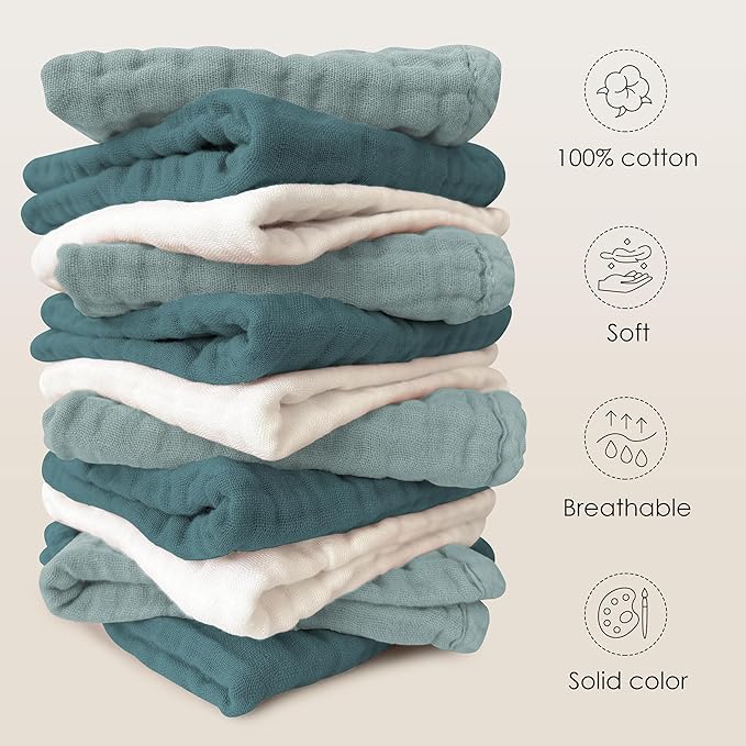 Sunny zzzZZ Baby Muslin Washcloths -100% Cotton Muslin Soft Baby Bath Wash Cloths and Absorbent Burp Cloths for Newborns Kids Girls and Boys -12 Pack, 12x12 Inches - White+Light Emerald Series