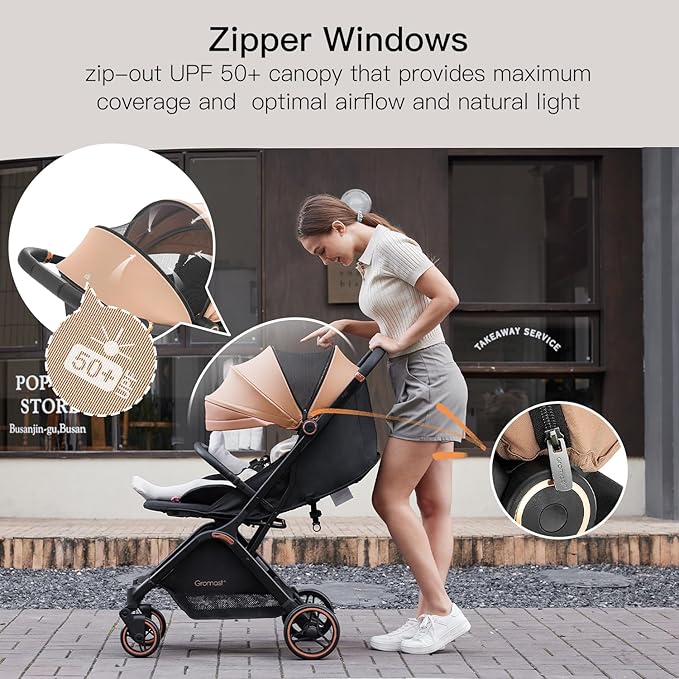 Gravity Folding Baby Stroller - Portable Travel Toddler Stroller w/Adjustable Backrest, Canopy & Cup Holder, Lightweight and UV Protected, One-Hand Automatic Folding - Khaki