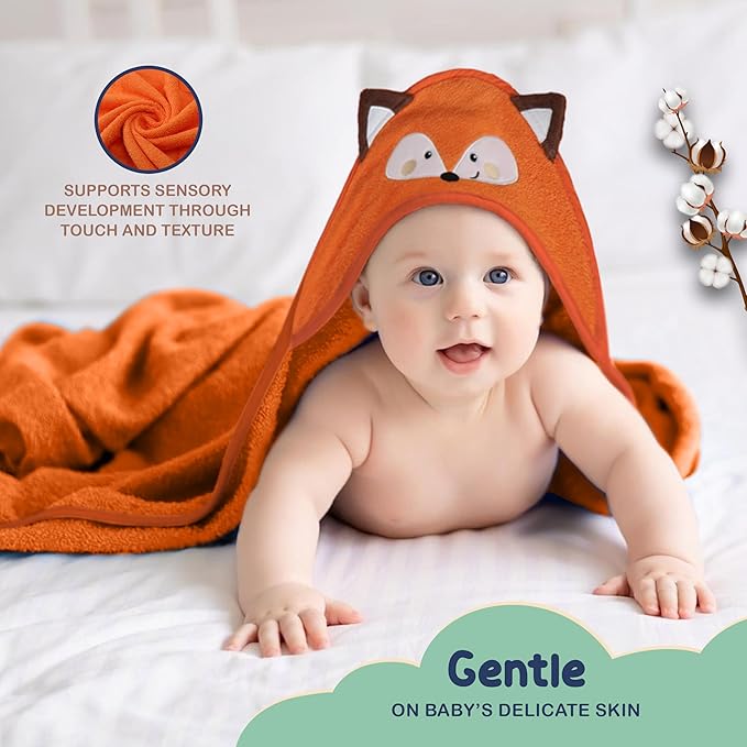 Mother's Choice Organic Baby Hooded Towel – Ultra-Soft & Absorbent Baby Bath Towels for Newborn with 3D Orange Fox Design