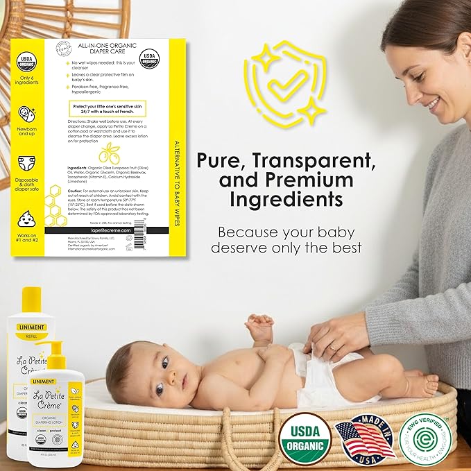 La Petite Creme French Premium Diapering Lotion - Diaper Cream Alternative to Baby Wipes - Gentle Moisturizer & Skin Cleanser with USDA Certified Organic Ingredients - Baby Essentials (20 oz)