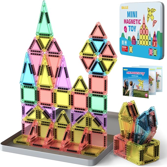 46PCS Mini Magnetic Tiles, for Kids, Portable Magnetic Toys Travel Set with Iron Case for Kids Ages 4-8,Creativity Boosting Building Toys Set,Toddler Puzzle for Boys and Girls Ages 3+