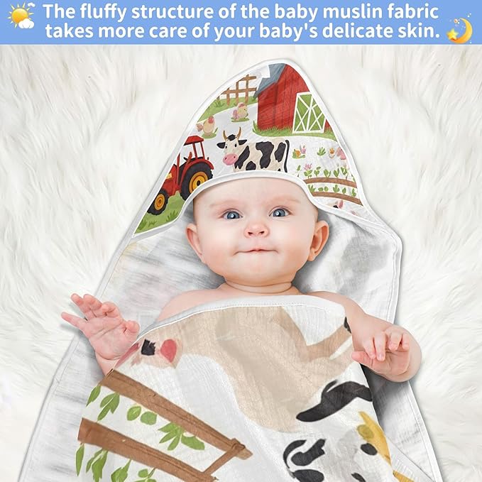 Burbuja Farm Animals Baby Bath Towel - Soft Absorbent Muslin Cotton Hooded Towel for Newborn Infant Toddler, 30x30 in