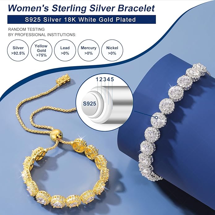 Moissanite Halo Bracelet 4.9CT-8.0CT Lab Grown Moissanite Bracelet for Women 18K White Gold Plated S925 Sterling Silver Adjustable Tennis Bracelet 5MM/7.5MM Iced Out Bracelets Cluster Jewelry