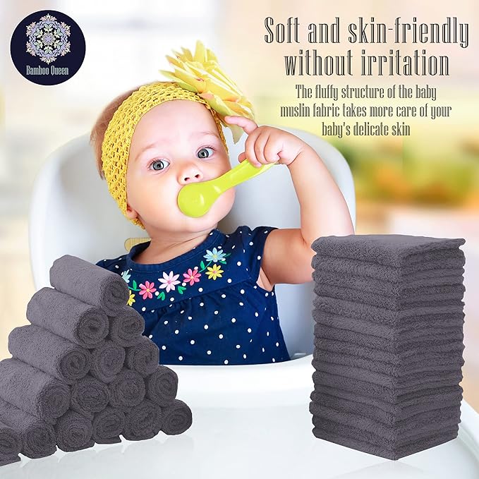 32 Pack Baby Washcloths - Luxury Coral Fleece - Extra Absorbent and Soft Wash Clothes for Newborns, Infants and Toddlers - Suitable for Sensitive Skin and New Born - Baby Shower - Grey, 10x10 Inch