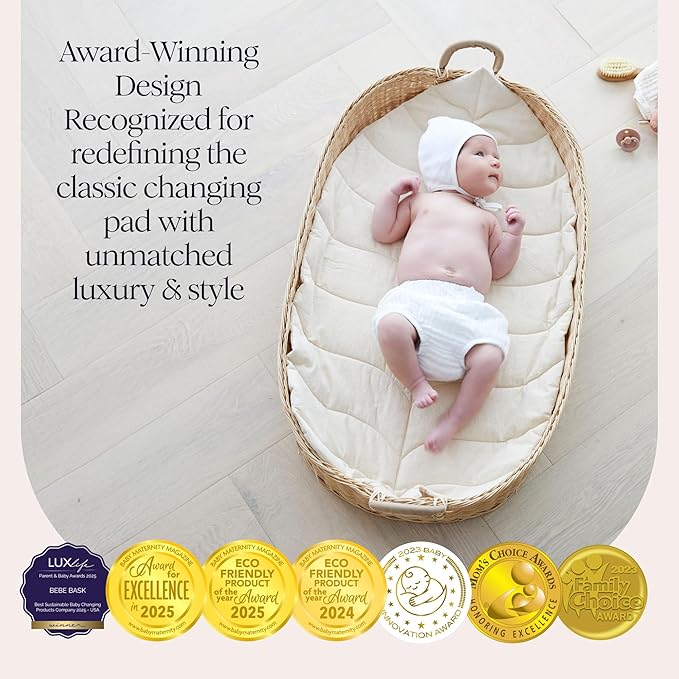 BEBE BASK Premium Baby Changing Basket - Artisan-Crafted Rattan with Extra High Sides - Wicker Changing Basket for Baby Dresser - All Accessories Included - Complete Set for Nursery (Rattan)